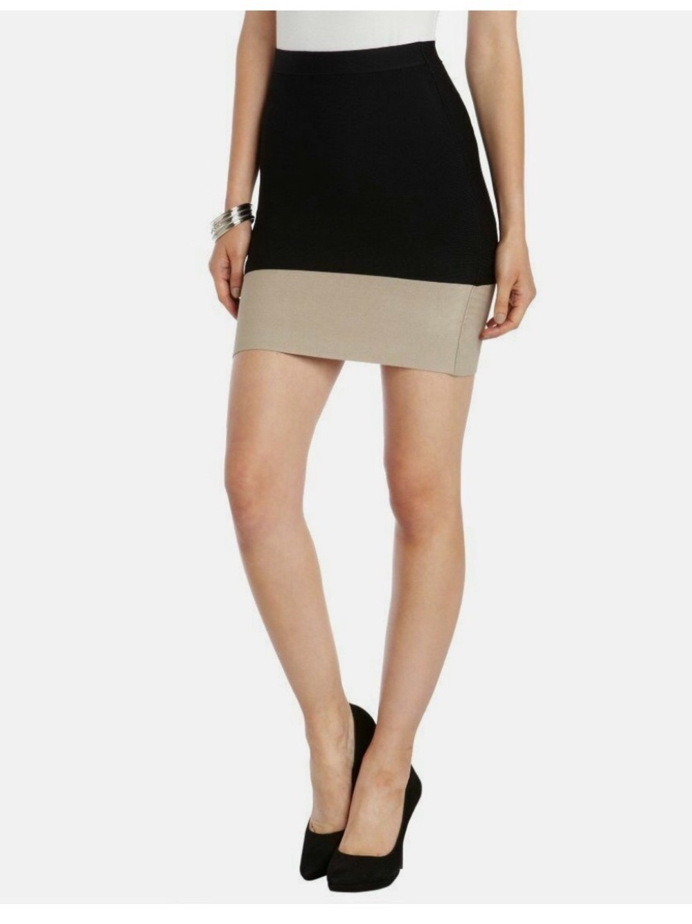 BCBGMaxAzria Black and Beige Band Mini Skirt